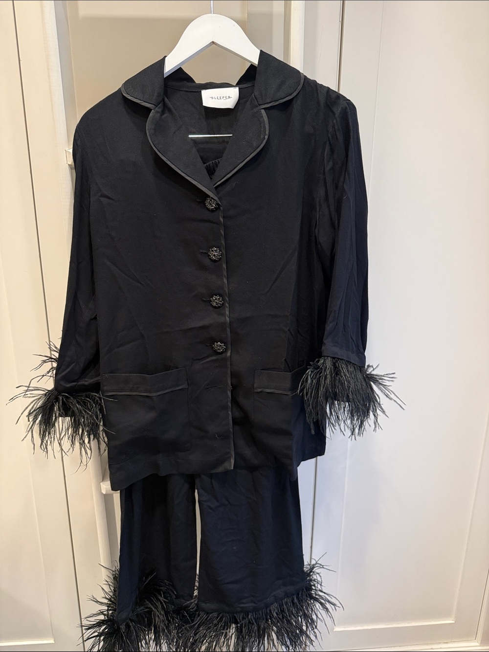 Sleeper Party Pajama Set Black Feather Trim XS